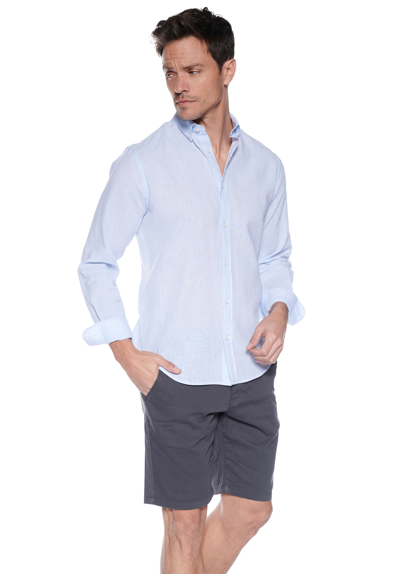 Leinen-Hemd Slim Fit, Blau Frontansicht