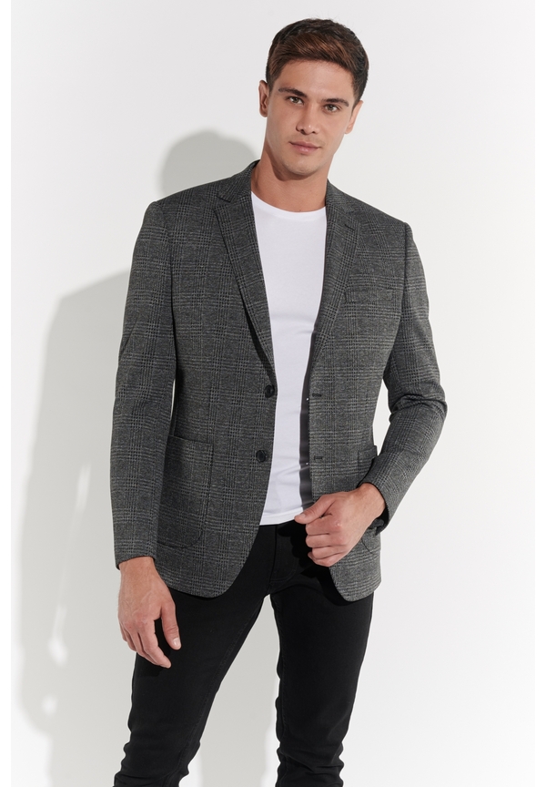 Sakko Jersey Fischgrat, Grau-schwarz Frontansicht