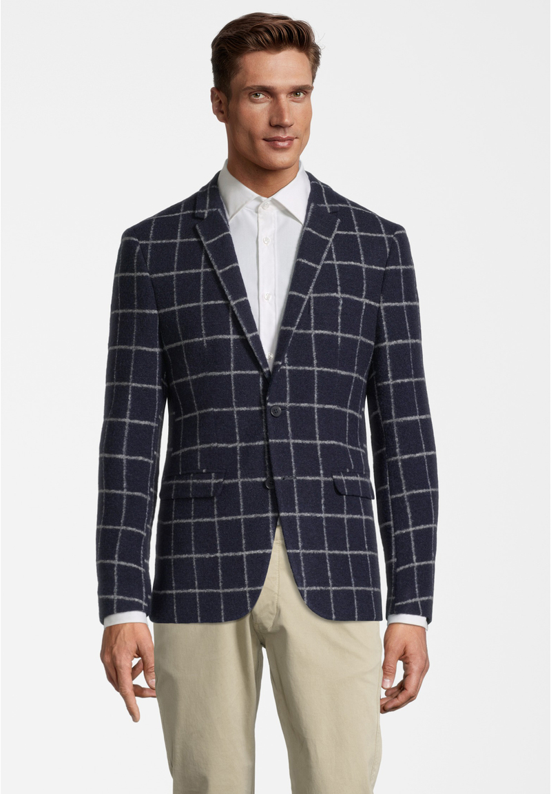 Jersey-Sakko Wolle Gitter-Karo, Marine Frontansicht