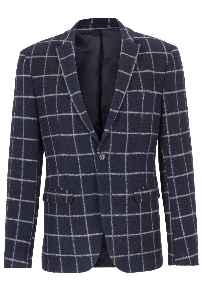 Jersey-Sakko Wolle Gitter-Karo, Marine Detailansicht 2