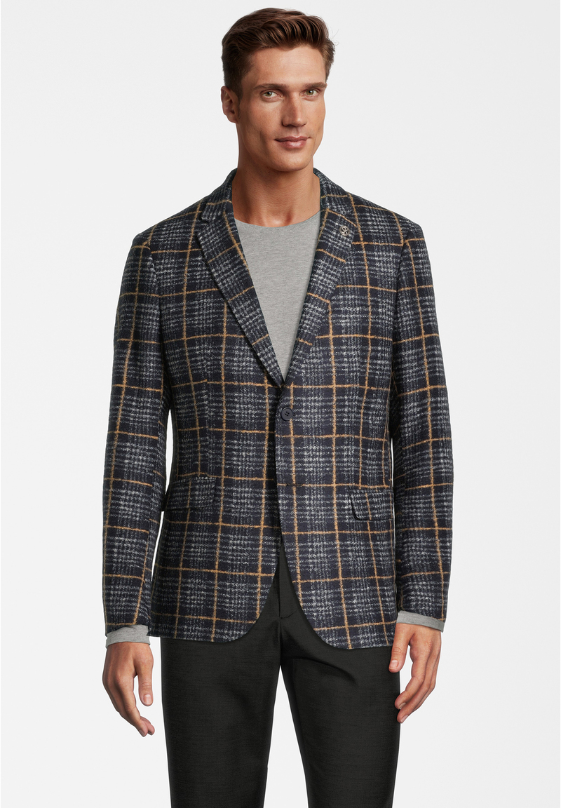 Jersey-Sakko Wolle Karo, Marine Frontansicht