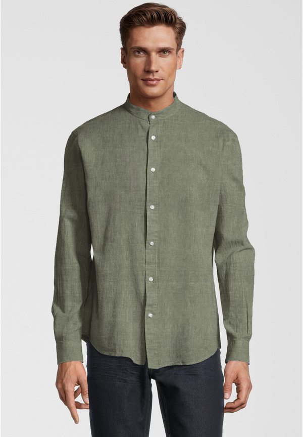 Hemd Stehbund Leinen-Mix, khaki Frontansicht