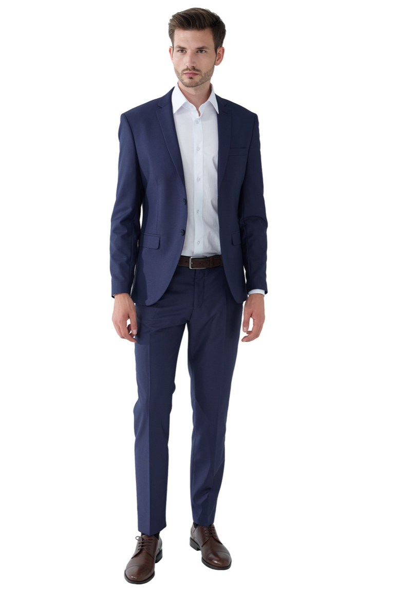 2-Teiliger Slim Fit Business Anzug Smoking 2-Knopf Sakko, marine strukturiert Frontansicht